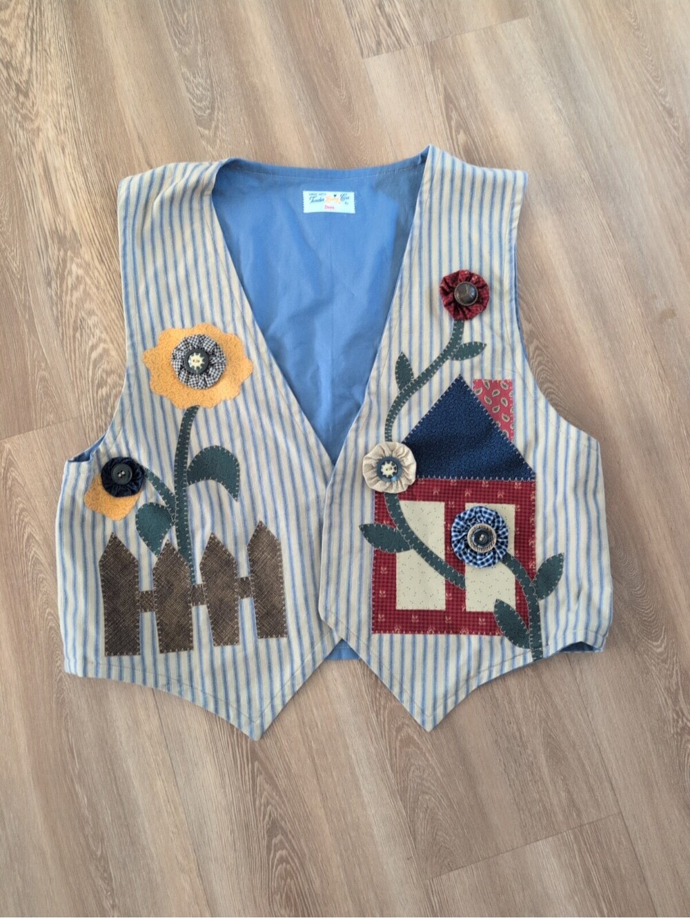 VTG Sunflower Garden Vest LRG Blue Country Cottagecore 90s Y2K Applique Teacher